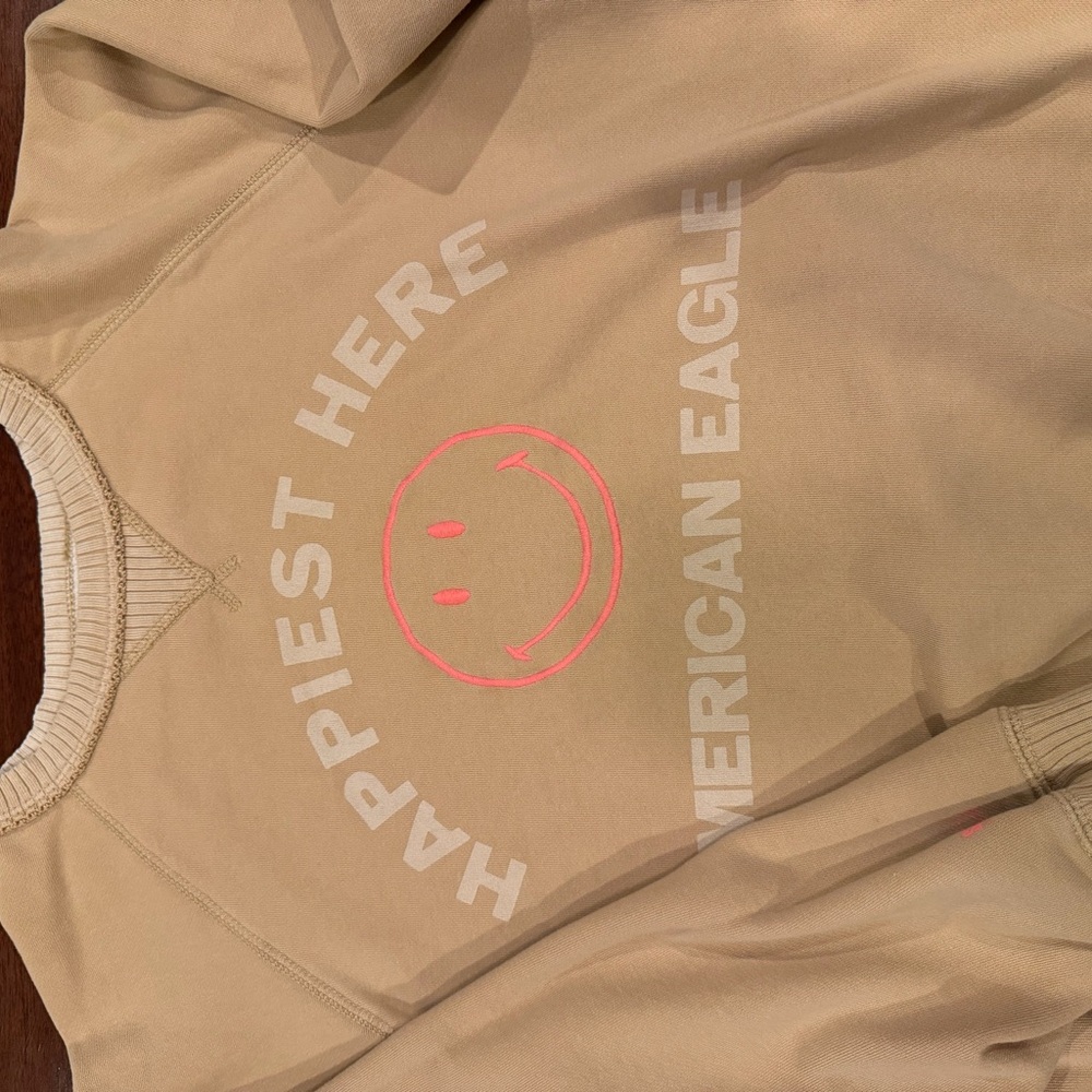 American Eagle Outfitters Tan Sweatshirt with Pink and White Graphics